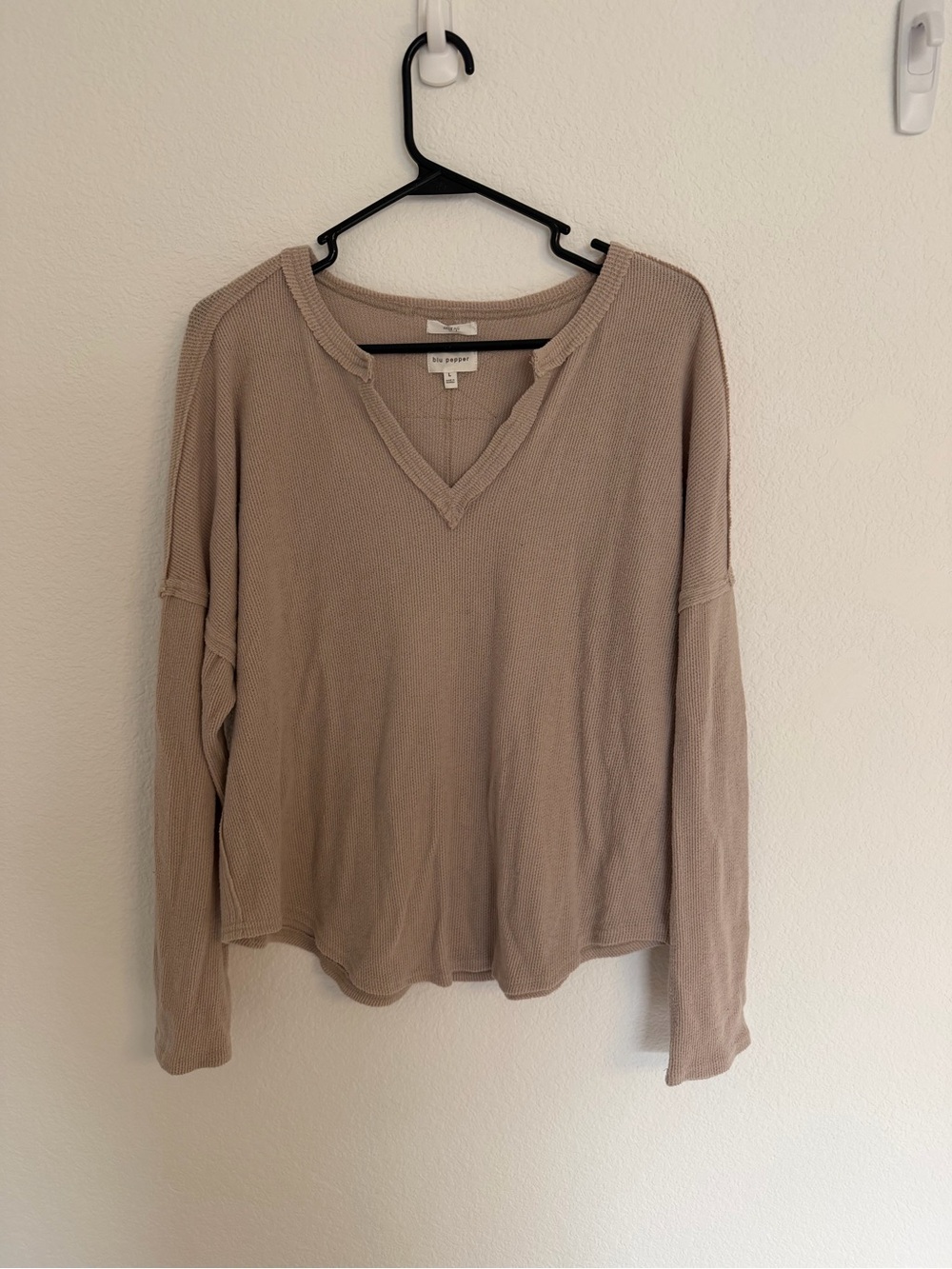 Blu Pepper Taupe Long Sleeve Waffle V-Neck Top
